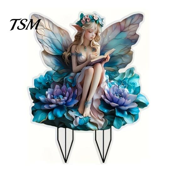 Garden Fairy Sculpture Acrylic Moon Stake Decoration Weather-proof Outdoor Yard Lawn Decorative Ornament Patio Pathway Waning Elf Stick B