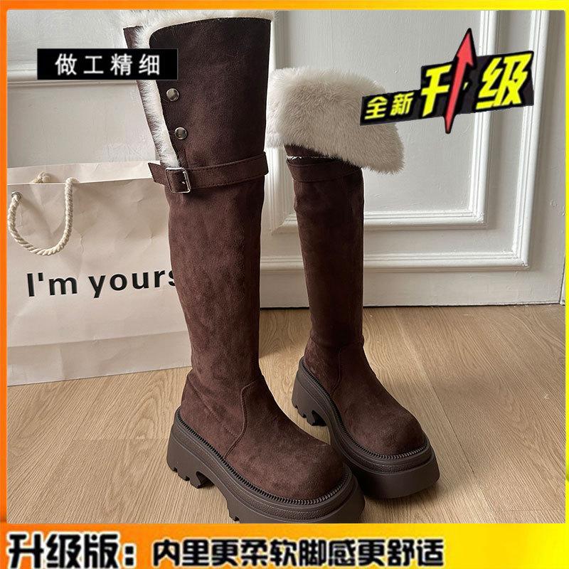 Leather thick-soled heightening boots for women's winter new velvet thickened warm two wear snow boots over the knee boots