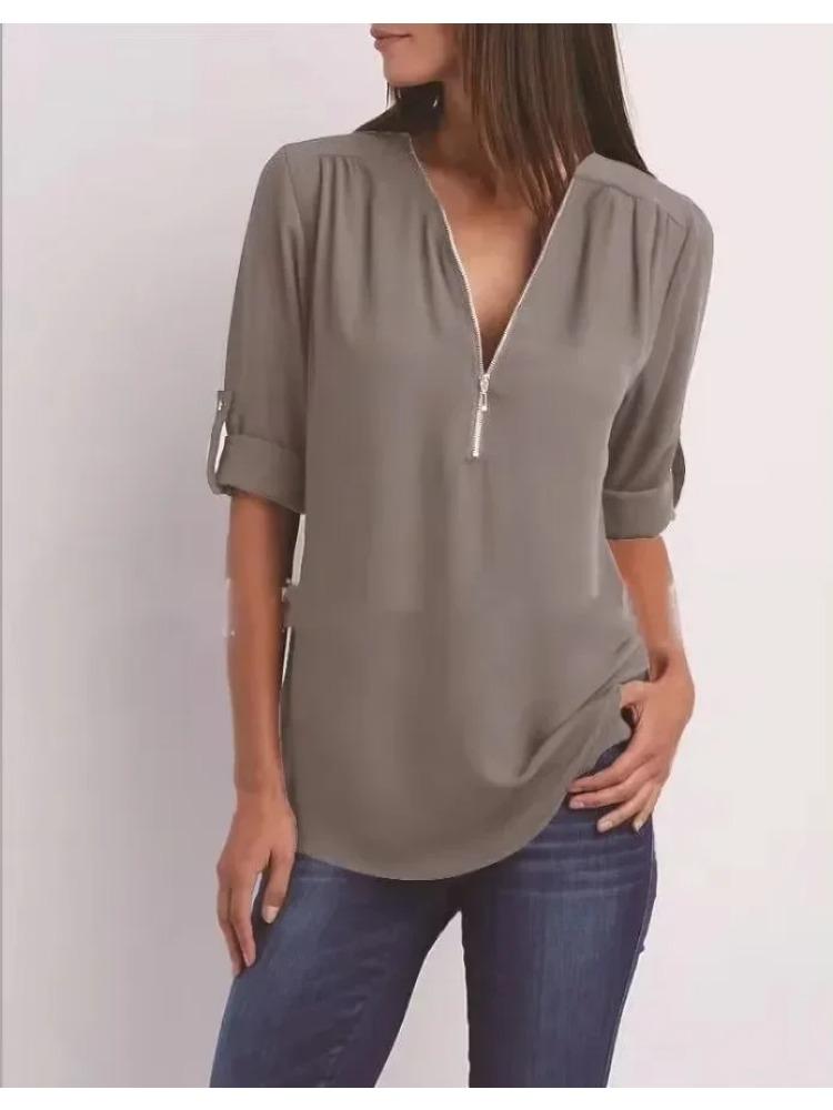 2026 Dames Cool Los Shirt Diepe V-hals Chiffon Mode Blouse Casual Dames Tops Sexy Rits Pullover Grote Maten
