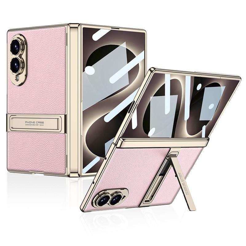 Galaxy Z Fold8 Case Magnetic Snap-on Full Cover With Kickstand Vegan Leather Texture Electroplated PC Shockproof