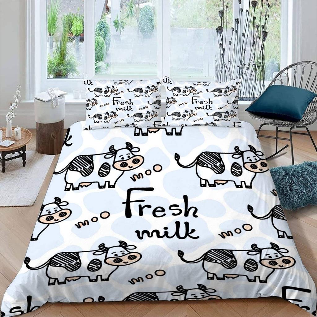 Cute Cows Duvet Cover Set Kawaii Farm Animal Bedding Set Microfiber Floral Comforter Cover Twin King For Kids Boys Girls Decor