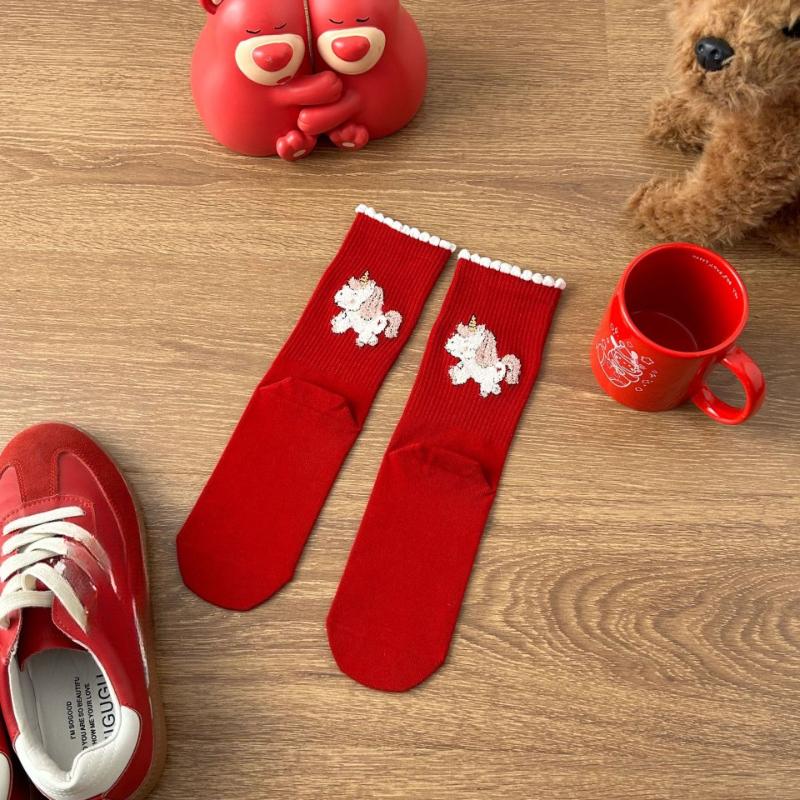 Big Red Socks Cartoon Middle Tube Peace, Joy, Wedding Good Luck Socks Gift Red Socks