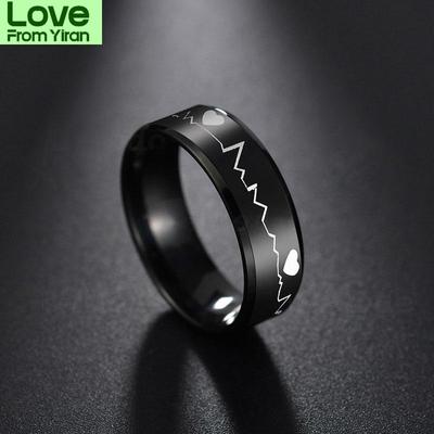 Uzone Edelstahl 8 mm schwarz Elektrokardiogramm Herzschlag Ringe für Männer Punk Schmuck Ring Party Geschenke