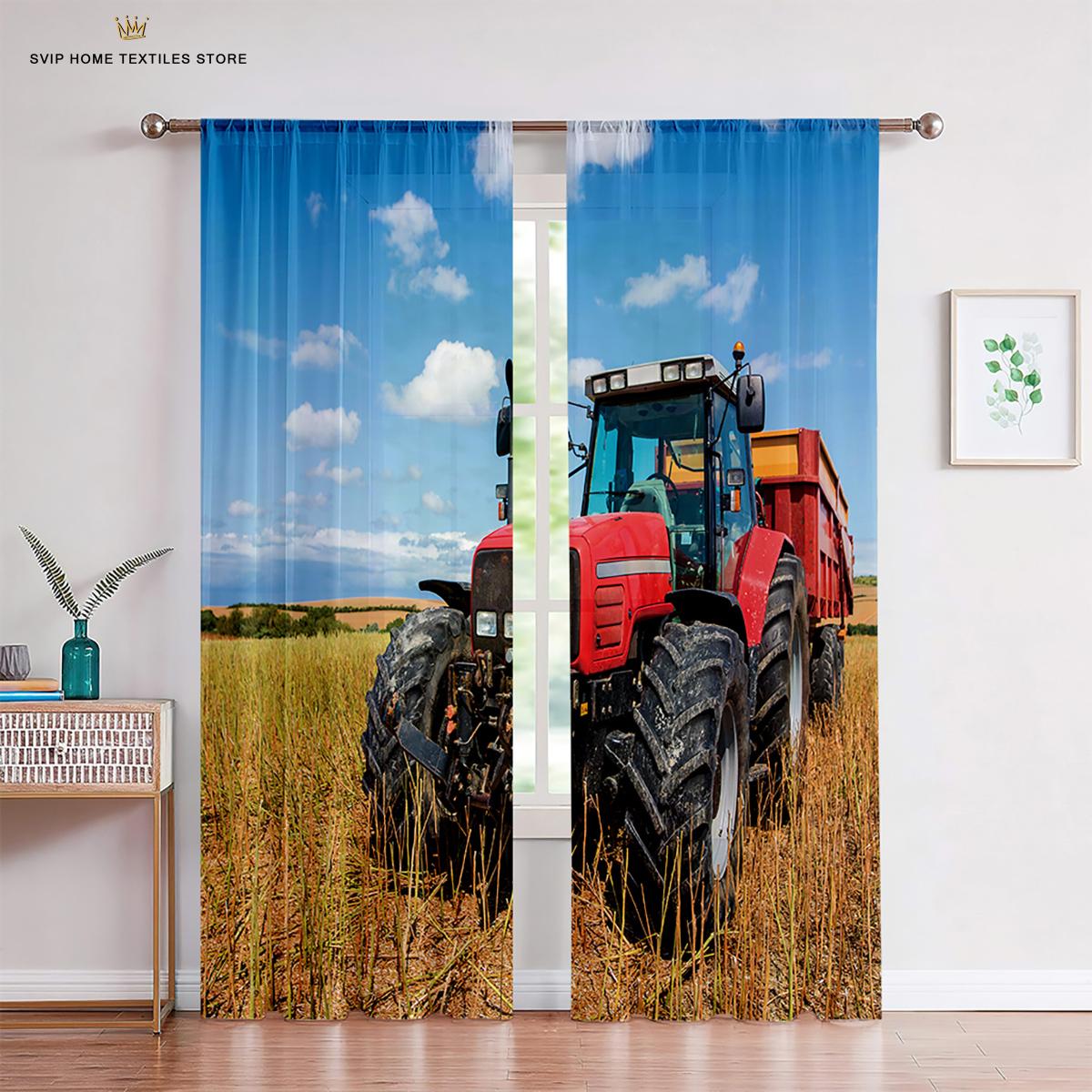 

Шторы для детей с изображением сельскохозяйственных машин и тракторов, декор детской комнаты, марлевые шторы, 2 шт., гостиная, спальня, декор кабинета W50X130H(CM)X2PCS&Rod pocket