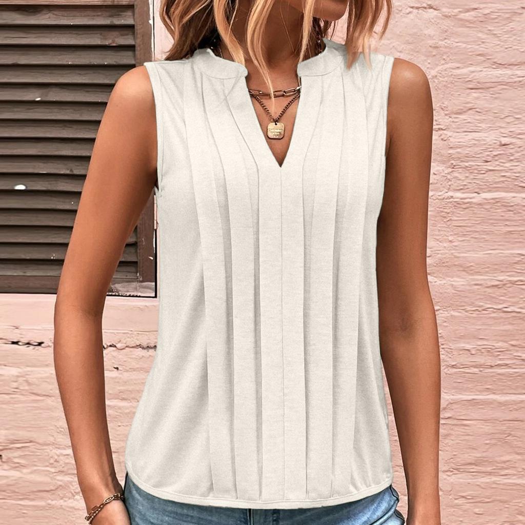 Ladies' Color Summer Fashion Temperament Elegant Pleated V-neck Vest Top