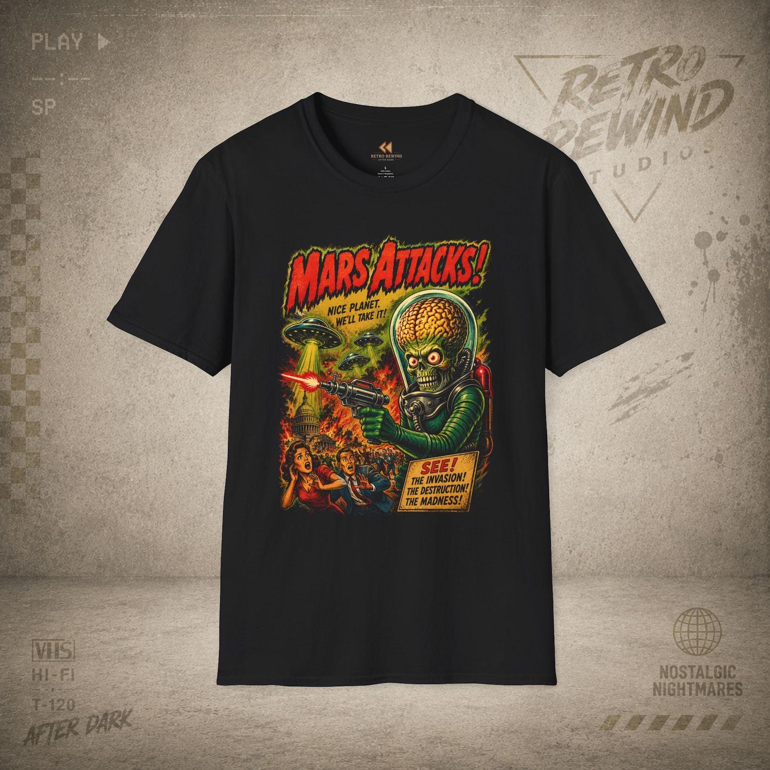 Mars Attacks! Retro Alien Artwork T-Shirt | Sci-Fi Movie Poster Tee 4XL