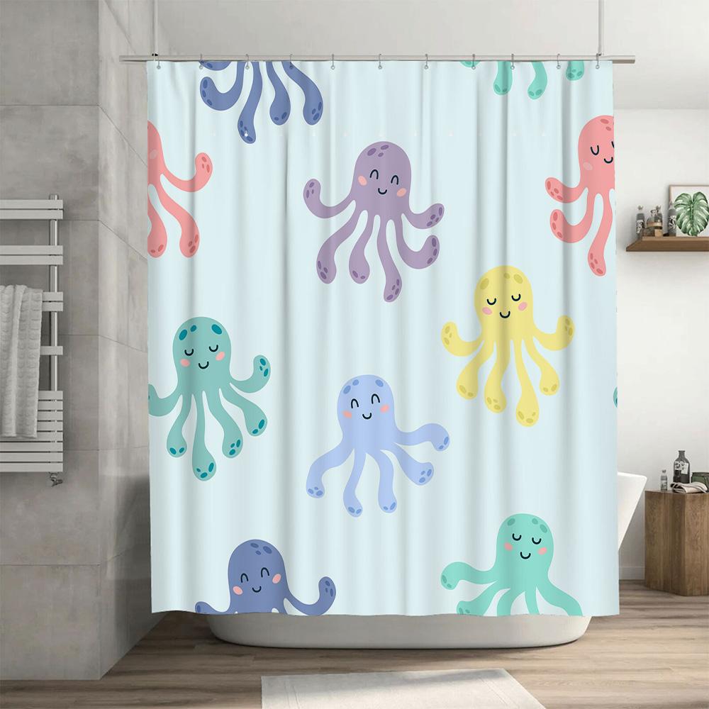 Cute Octopus Shower Curtain Happy Ocean Life Decor For Bathroom Soft Fabric With Hook Ring Set In Pastel Colors (Purple, Pink, B