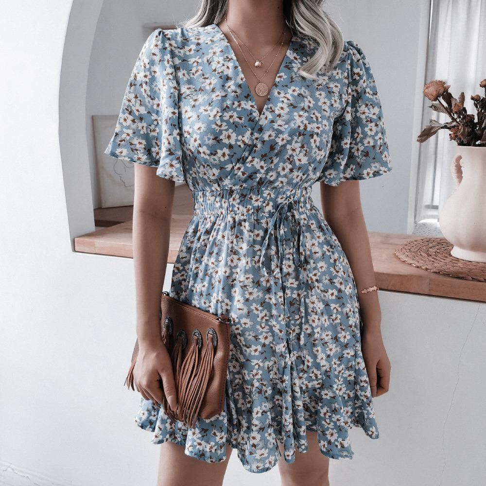 Summer V-neck Floral Ruffle Pleated Dress