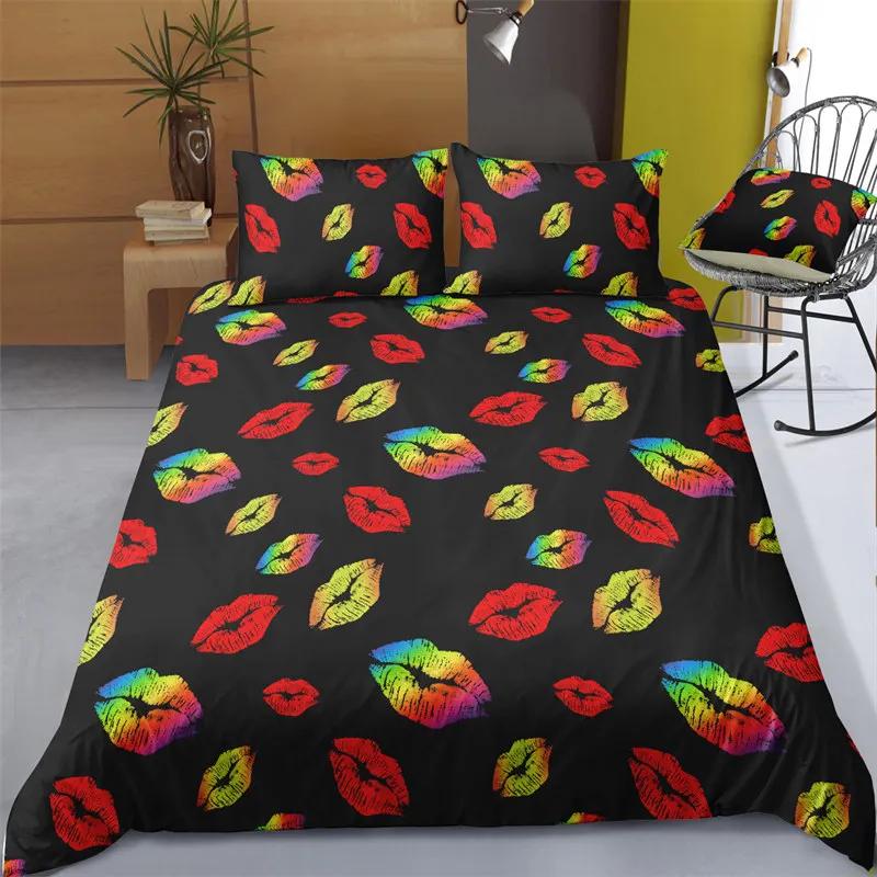Housse de couette impression 3D Taille King Ensemble de literie Amour Motif Baisers Lèvres Housse de couette Décoratif Pour Femmes Filles Amoureux