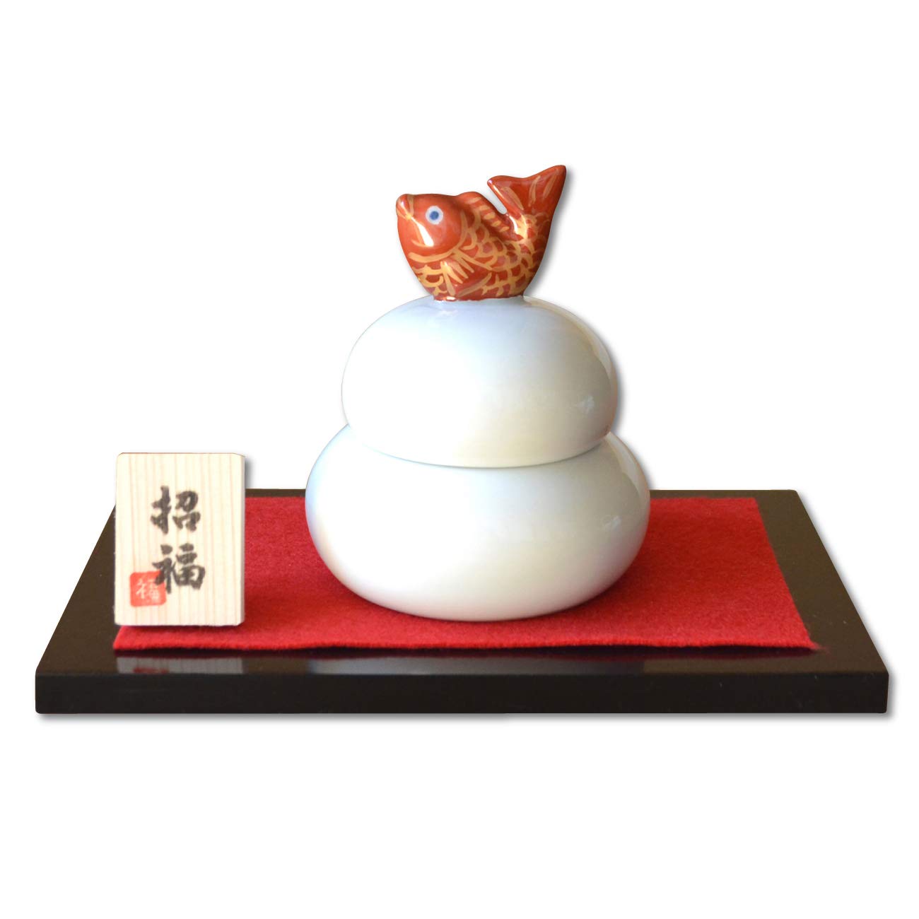 

Kagami mochi decoration, sea bream design, Arita ware, ceramic, perfect for New Year s, reusable every year, wooden stand, good luck charm included
