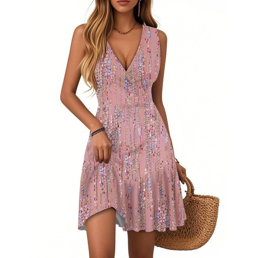 Dámské šaty s výstřihem do V, bez rukávů, ležérní, s květinovým potiskem, plisované v lemu