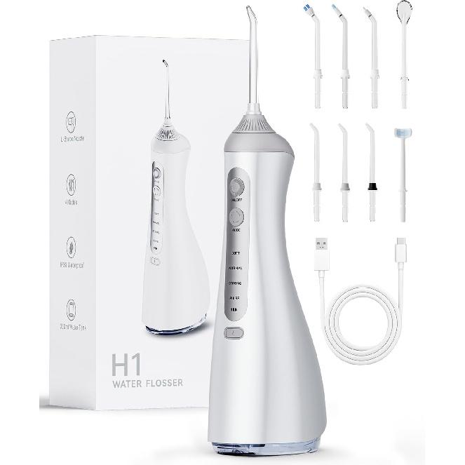 Water Flosser - Unique U-Shaped Tip for All-Round Cleaning, 8 Replacement Tips, 4 Modes Rechargeable Water Dental flosser with IPX8 Waterproof for