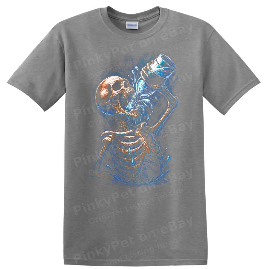 Skeleton Drinking Water Funny Graphic T Shirt Cool Art Design Tee