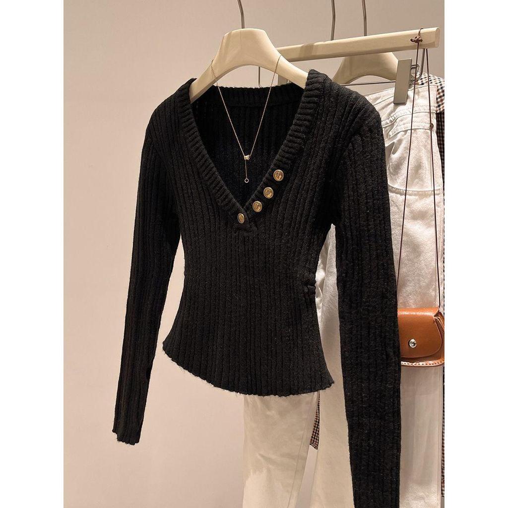 Elegant V-neck Slim Pullover Sweater - New Winter Style, All-Match French Long-Sleeve Top