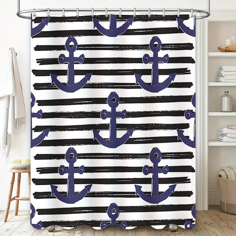 Nautical Blue White Anchor Shower Curtain With Black Stripes Home Decor Bathroom Accessories Set For Kids' Bathrooms Easy Instal
