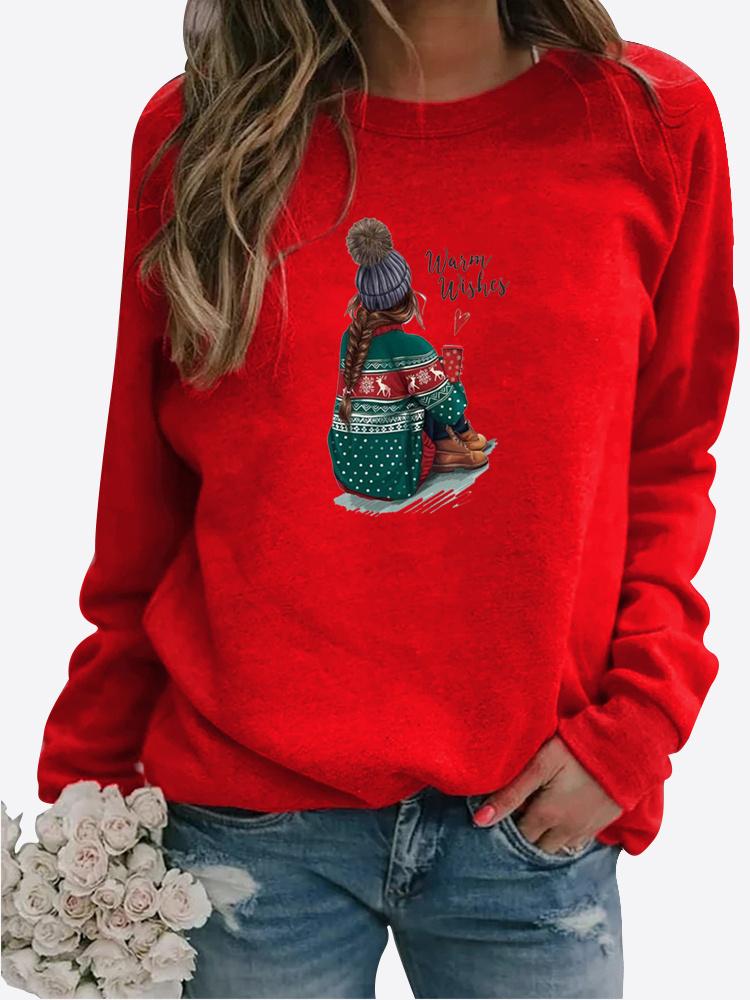 Women Autumn and Winter Clothing Christmas Deer Printed Casual Sweatshirt Long Sleeve Tops T-shirt Ladies Round Neck Pullover Blouse