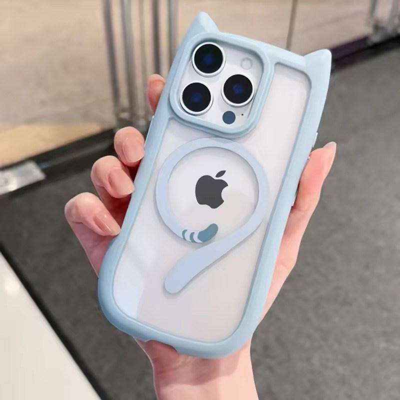 

3D Чехол с кошачьими ушками и магнитной зарядкой для IPhone 17 16 15 14 13 12 11 Pro Max 16 Plus 12 13 Mini 17Air Прозрачный ПК ТПУ Бронированный чехол iPhone 15