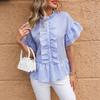 Summer Women's Buttoned Lace Skirt Short-sleeve Casual Ruffled Blue Shirt