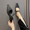 Spitze Zehenpartie, flacher Ausschnitt, Beutelkopf, Halbschuhe, Damen Frühjahrsneue Modelle, modische Oberbekleidung, Einschlupf, Blockabsätze, große Größe.
