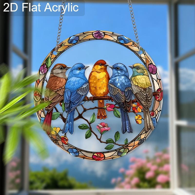 Acrylic Colorful Birds On A Branch Suncatcher, Stained Glass Style Window Hanging Ornament for Nature and Garden Lovers
