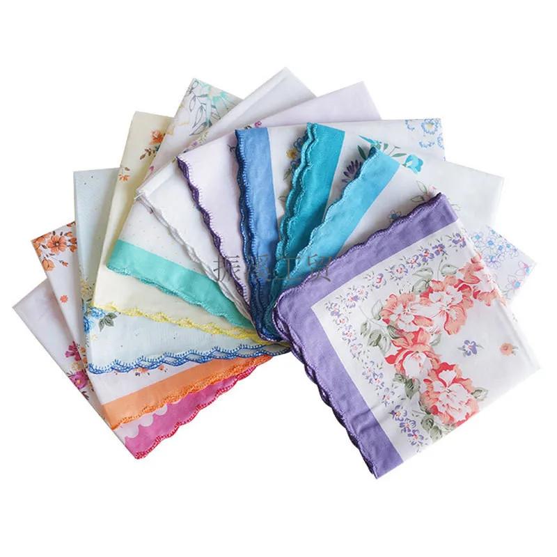 3Pcs 30x30cm Flower Printed Cotton Women Hankies Lace Hanky Ladies Scarf Pocket Hankerchief Wedding Party Gift