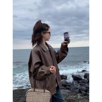 Autumn Winter Polo-neck PU Leather Cardigan Coat Women Casual Fashion All-match Zipper Jacket Outwear Top