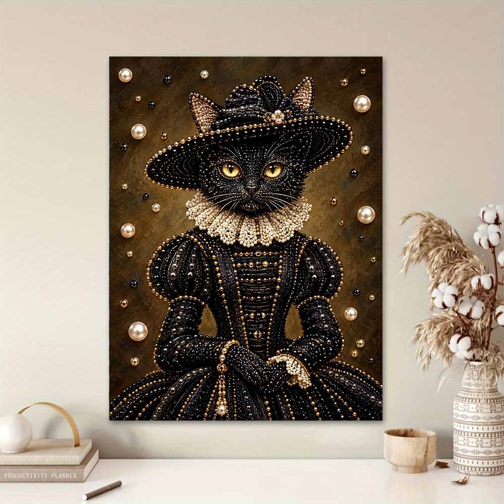 Handmade Framed Pearl Bead Painting Kit Elegant Black Cat Queen 3D Shiny Canvas Art Ready to Display Home Decor Gift Idea