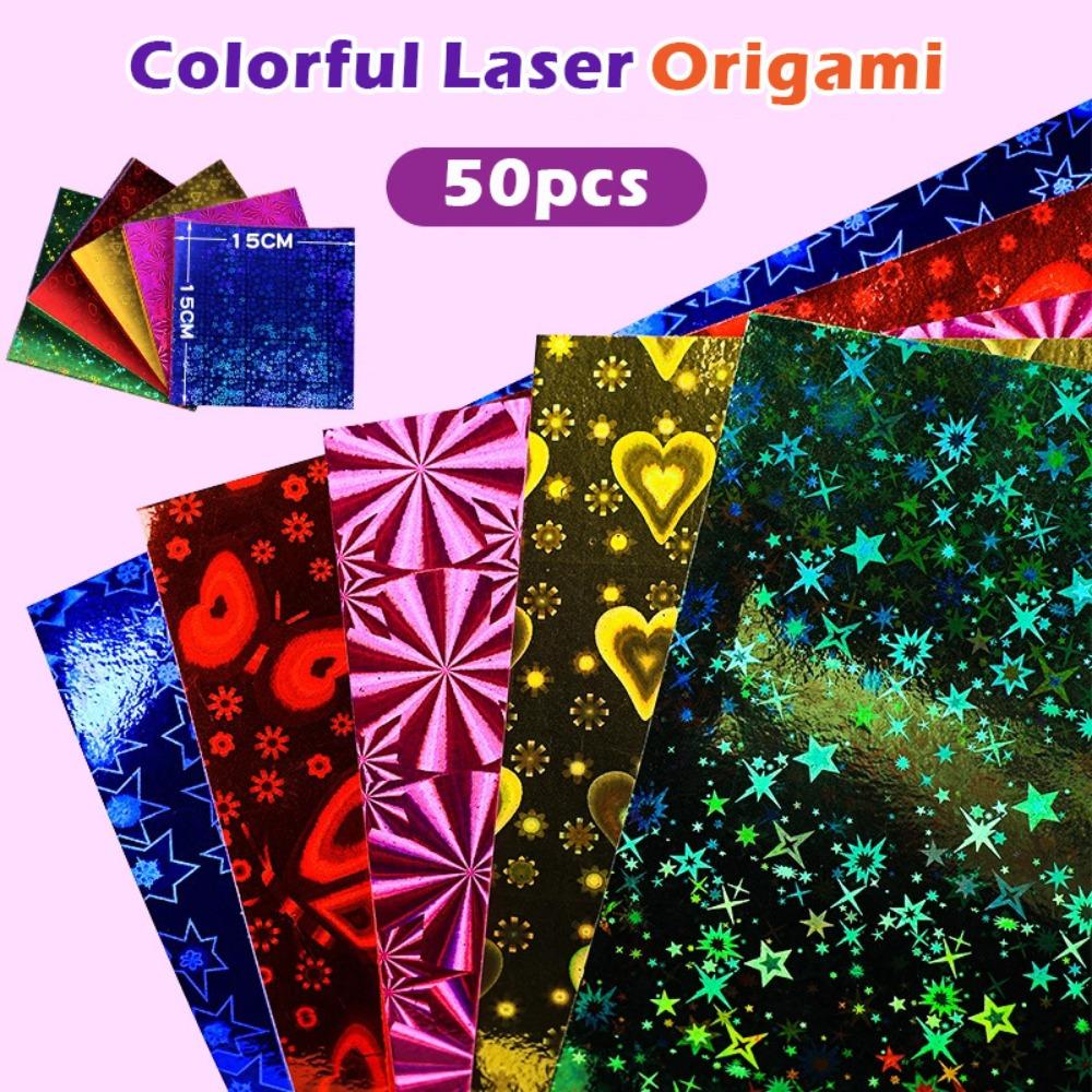 50 Stück Einfaches Laserperlen Origami-Papier Quadrat Glitzernd Funkelnder Glücksvogel Origami Funkelndes Glänzendes Papier