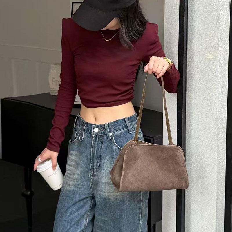 Vintage Genuine Leather Handbag Purse For Women Suede Shoulder Bag Crossbody Bags Female Luxury Designer Clutch Ladies Hobo Bag
