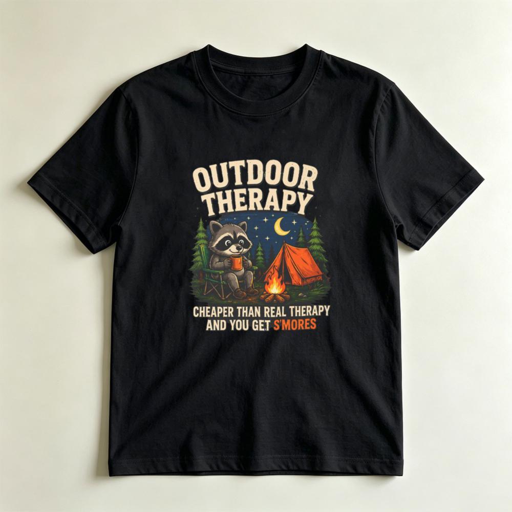 Outdoor Therapy Tee Funny Raccoon Camping Graphic Tshirt Camping Lover Gift Tshirt Unisex Unisex Fashion Crewneck Cotton Tee Tops S