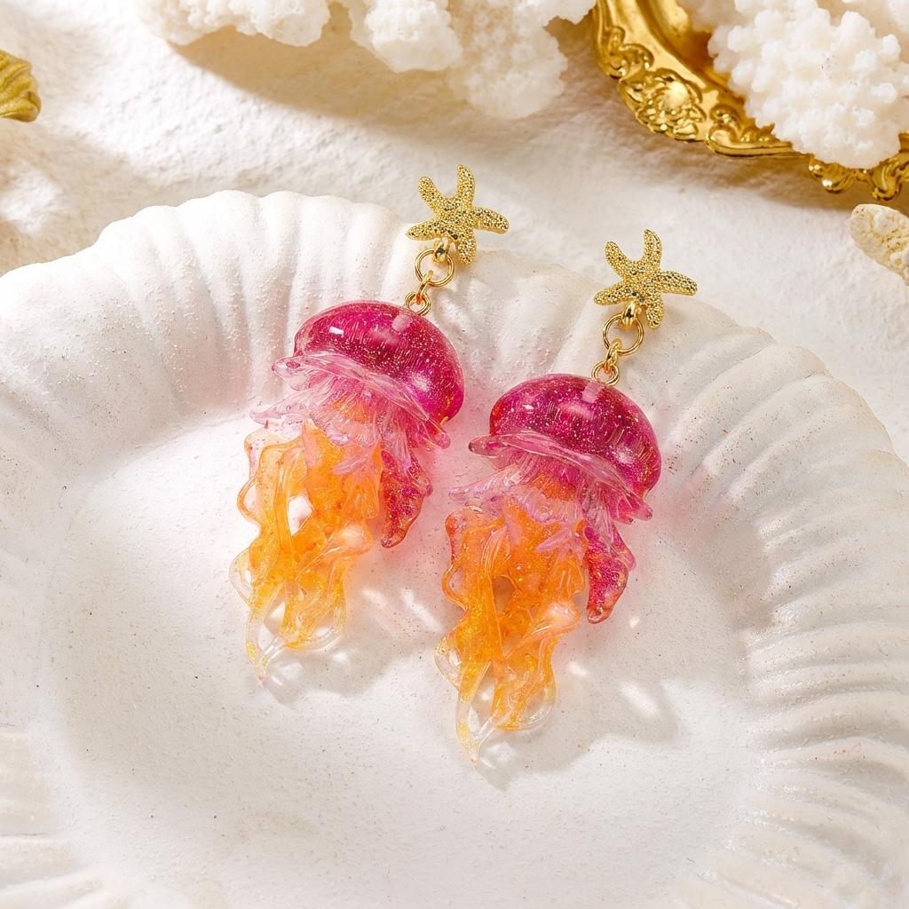 Mermaidcore Gradient Glitter Jellyfish Statement Earrings for Women Boho Gold Color Starfish Ocean Beach Vacation Summer Jewelry