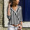 Casual Loose V-neck Striped Chiffon Long-Sleeved Women's Pullover Shirt