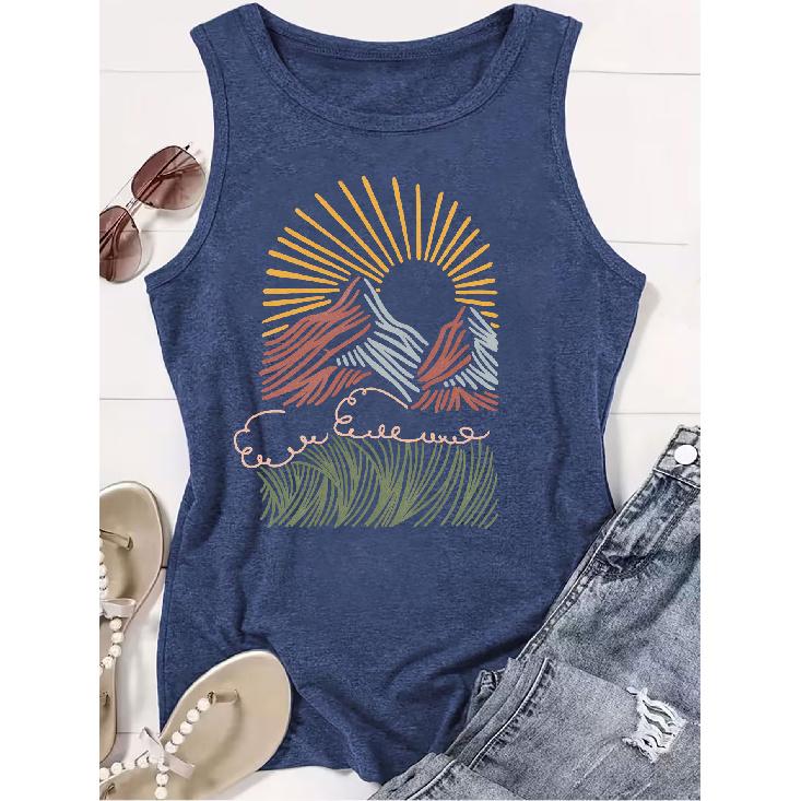 2026 New Abstract Line Mountain Sunrise Print Round Neck Women Sleeveless Tank Top Casual Versatile Comfort Summer Vest
