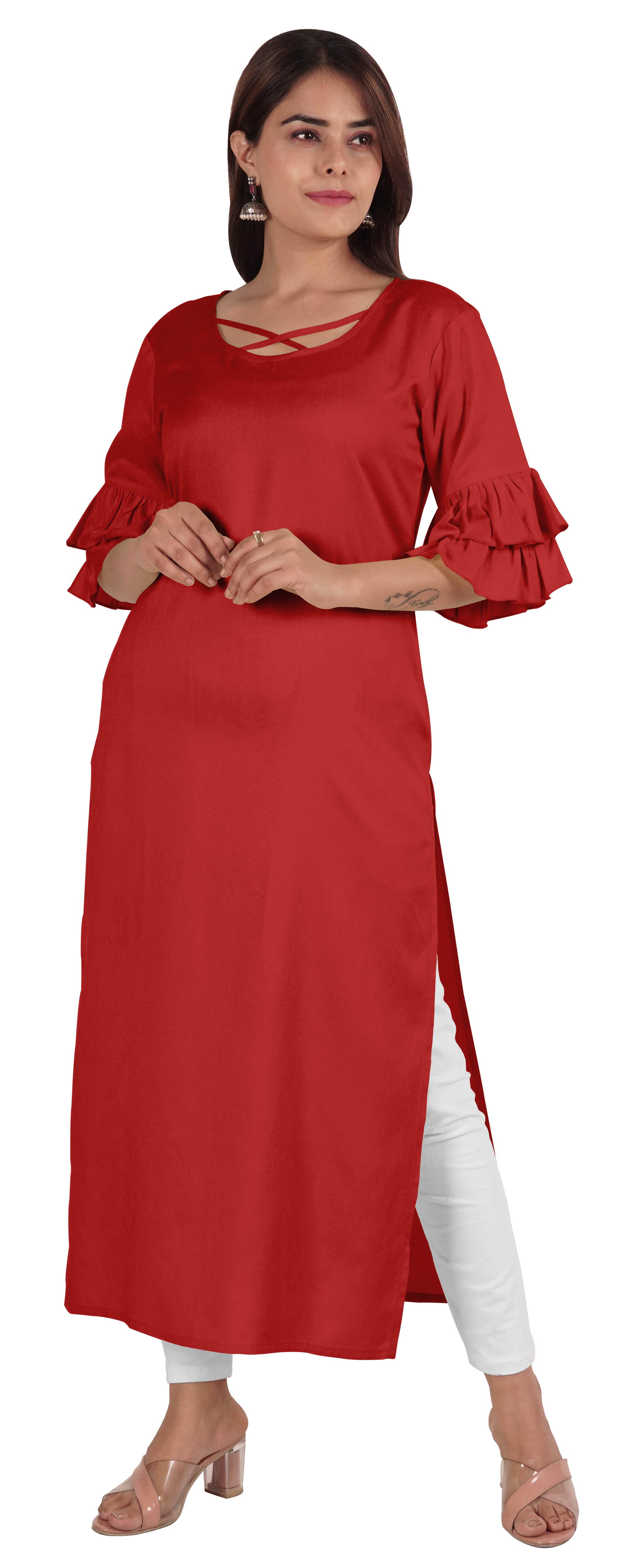 

Moomaya Solid Designer Kurti Bell Sleeve Casual Long Straight Kurta For Women XXL червоний