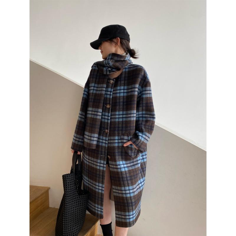 Scarf Collar Plaid Double-sided Wool Coat Long Reversible Plaid Coat Women's Autumn and Winter New Style