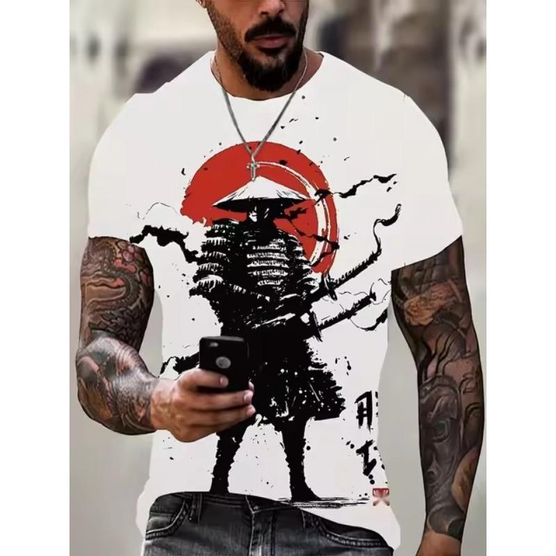 Übergröße Herrenmode Samurai Grafik T-Shirt, 3D Druck Trendy Stylisches Oberteil, Reifer & Eleganter Stil