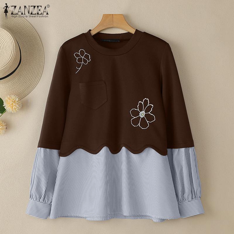 ZANZEA Women Casual Long Sleeve Stripe Patchwork Pullover Sweatshirt