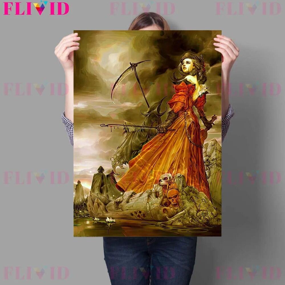 Gothic Dark Terror Girl and Terrifying Devil Retro Mural Oil Painting Decoration Crow House Wizard Poster