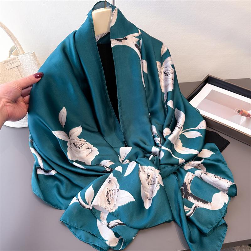 Spring And Summer Thin Print Simulation Silk Brocade Sunscreen Light Rhyme Blue Flower Silk Scarf Long Scarf Shawl Versatile Headscarf Scarf