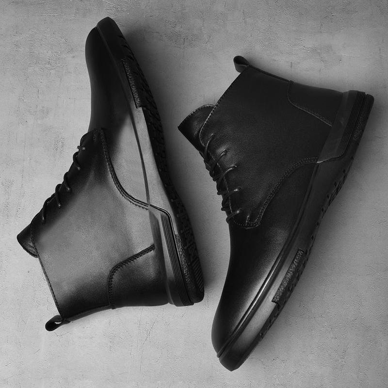 Autumn Winter Men Motorcycle Boots Versatile Round-toe Casual Ankle Boots Genuine Leather High Top Shoes Winter Plush Snow Botas