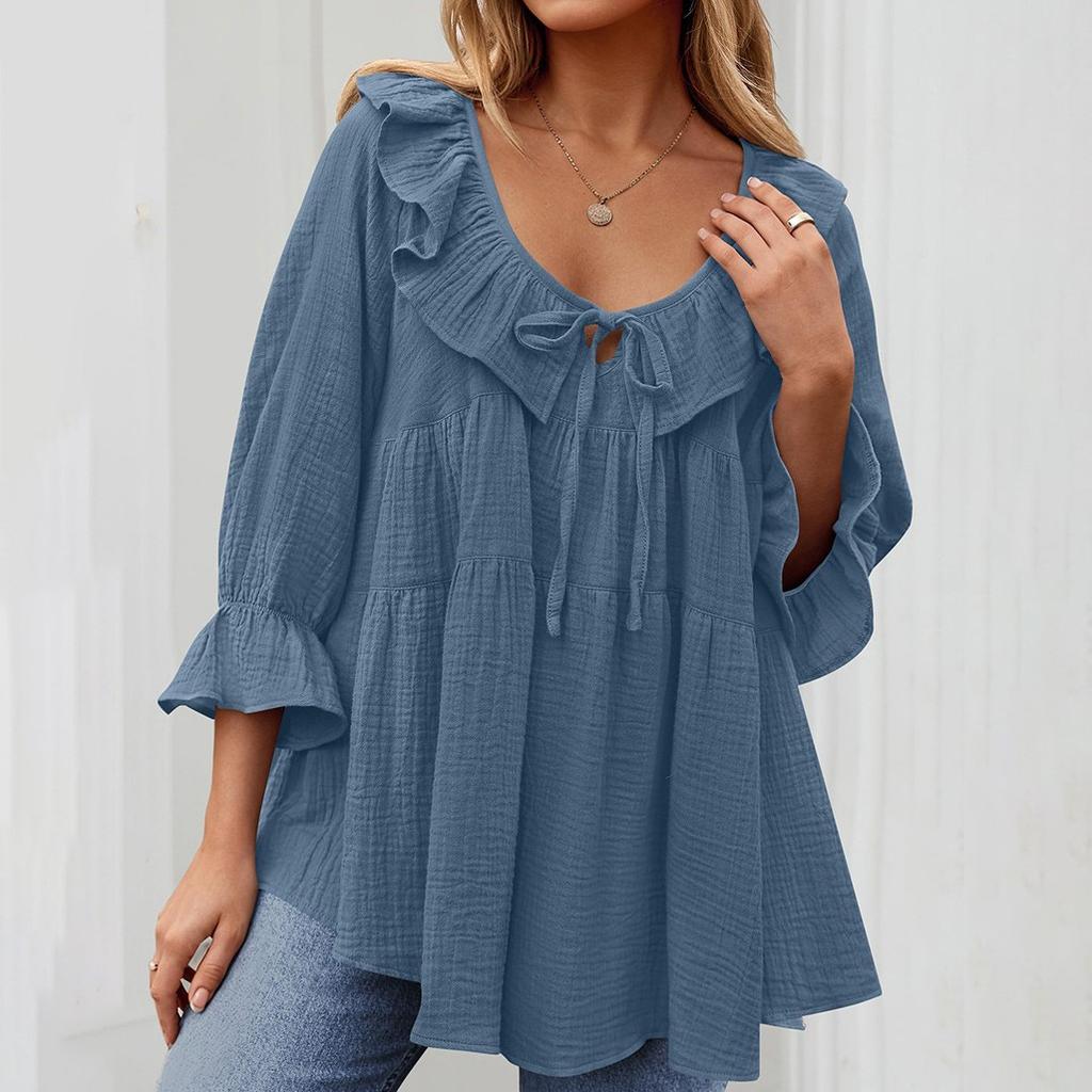 Damska tunika z okrągłym dekoltem, wiązaniem z przodu, plisą, zdobiona, wielowarstwowa, luźna, siedmiopunktowa, z rękawami