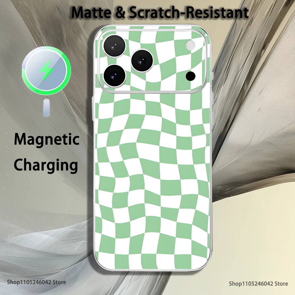 Checkered Pattern Magnetic Wireless Charging Transparent White Phone Case For iPhone 17,16,15,14,13,12,11,Pro,Max,Plus