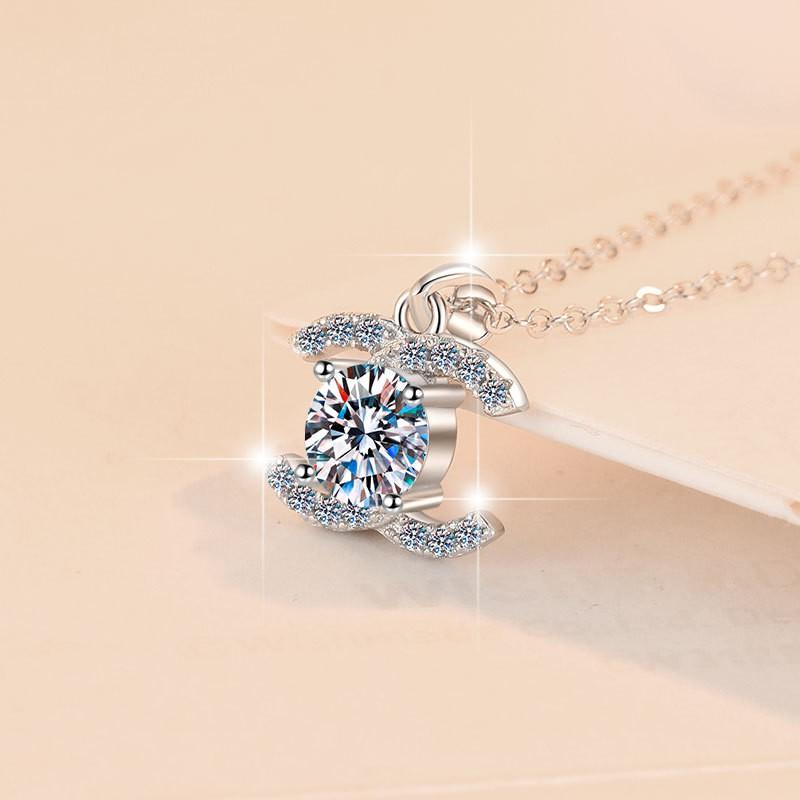 C Letter Moissanite Pendant Necklace Women Men Sterling Chain Elegant Minimalist Jewelry Office Daily