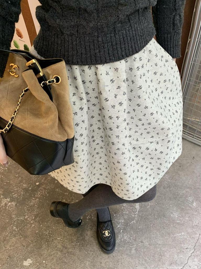 Women's Korean Retro Floral A-line Puffy Skirt - Gray, Autumn/Winter