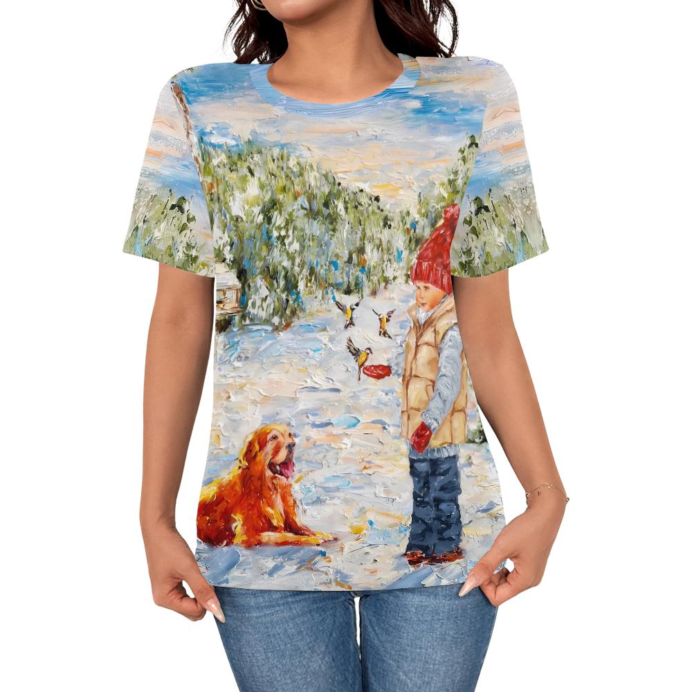 Women s casual fashion summer graffiti snow dog 3D printed short sleeved T-shirt women s street elegant top S