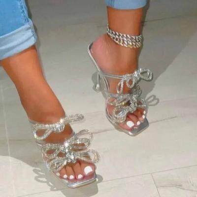 Sexy Square Head Peep Toe Transparent Band Sandals Womens Silver Slippers Rhinestones Butterfly Knot Super High Heel Party Shoe