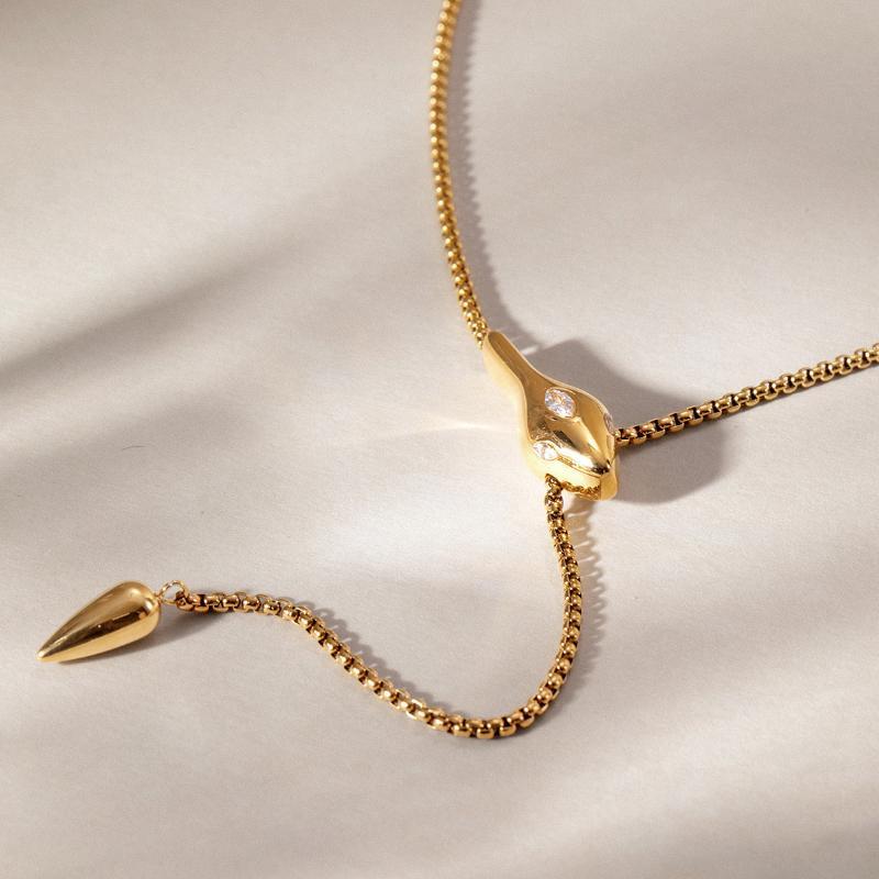 Luxury Snake Shape Zircon Adjustable Necklace For Women Gold Pvd Plated Stainless Steel Waterproof Jewelry