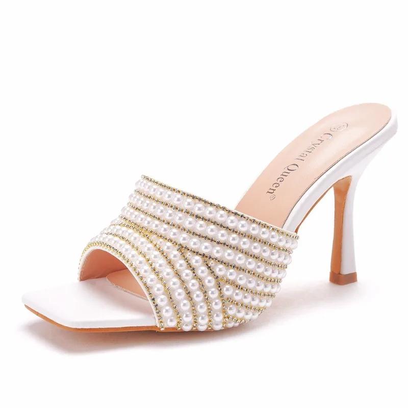 Fashion Summer Pearl Water Diamond 9cm Square Head High Heel Slippers Fashion Fish Mouth Wine Glasses Temperament Beaded Shallow Sandals