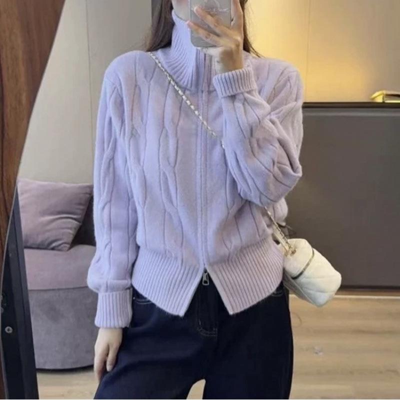 Solid Color High Neck Cable Knit Cardigan Sweater with Double Zipper for Women