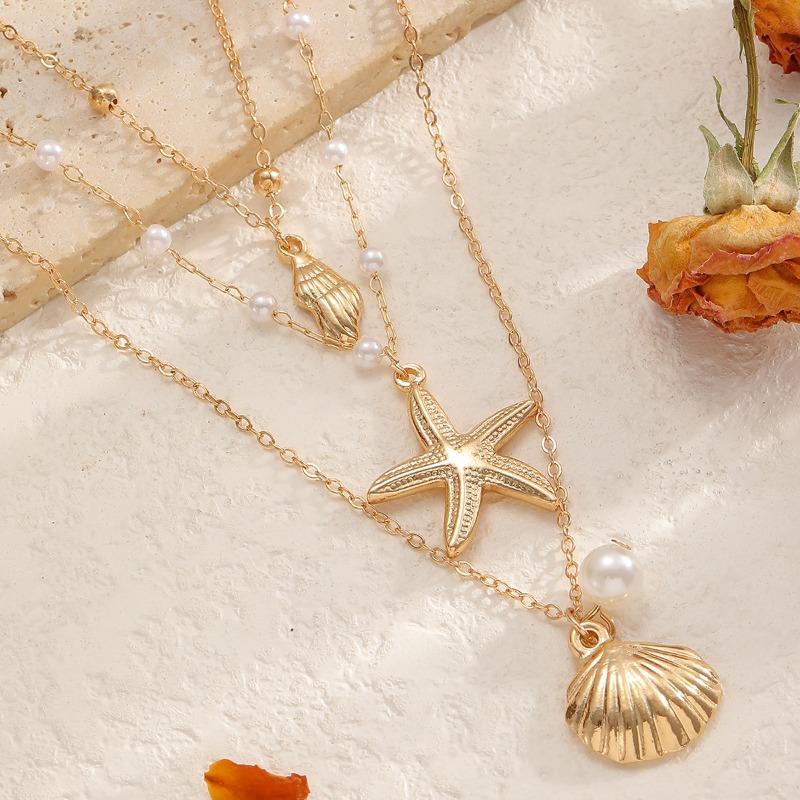 Niche Ocean Series Starfish Shell Conch Pendant Necklace Women's Summer Vacation Style Jewelry